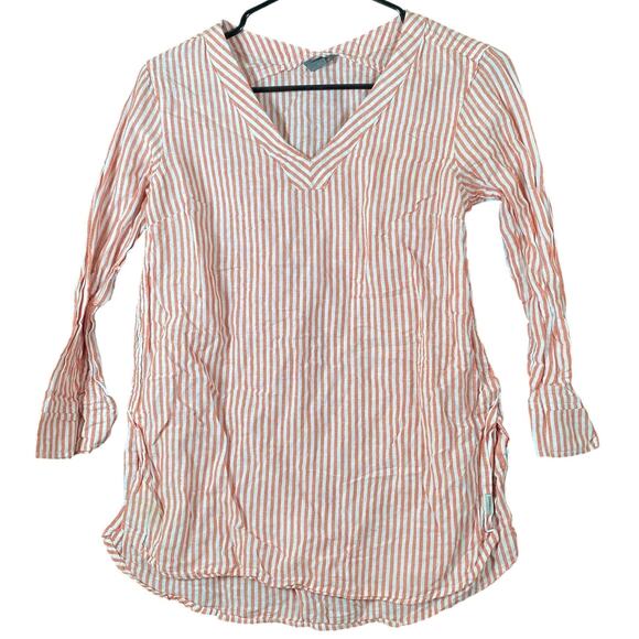 Eddie Bauer Women Shirt Orange White Striped Linen Blend Long Sleeve VNeck XS - Picture 1 of 10
